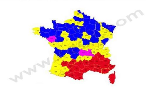 Carte de la répartition de la leishmaniose du chien en France. Rouge : départements dans lesquels la maladie est habituellement présente Fuchsia : départements dans lesquels des cas autochtones ont été recensés depuis 2005 Jaune : départements dans lesquels des cas autochtones ont été recensés avant 2005