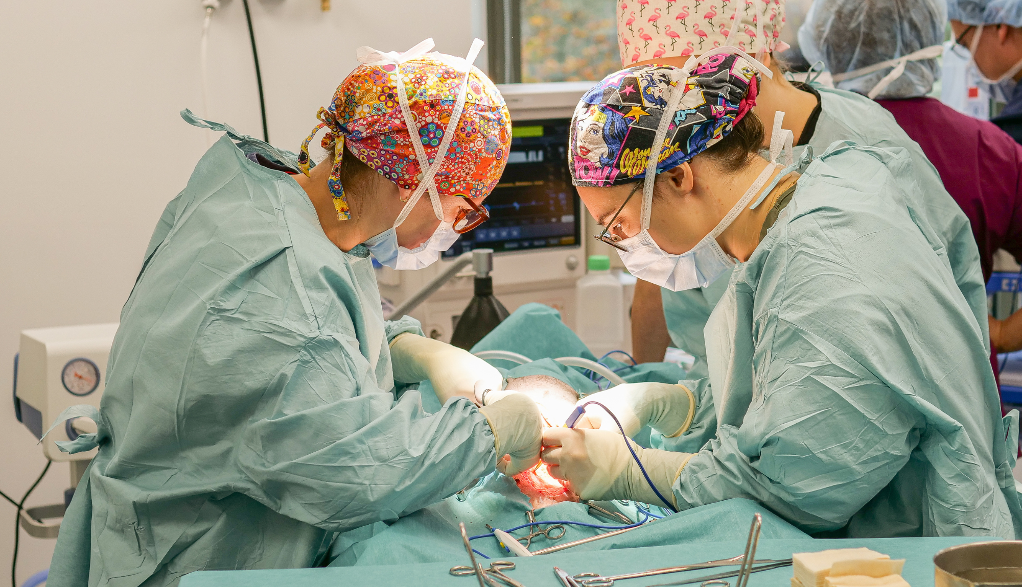 Deux vétérinaires du CHV réalisent une opération chirurgicale sur un chien au bloc.