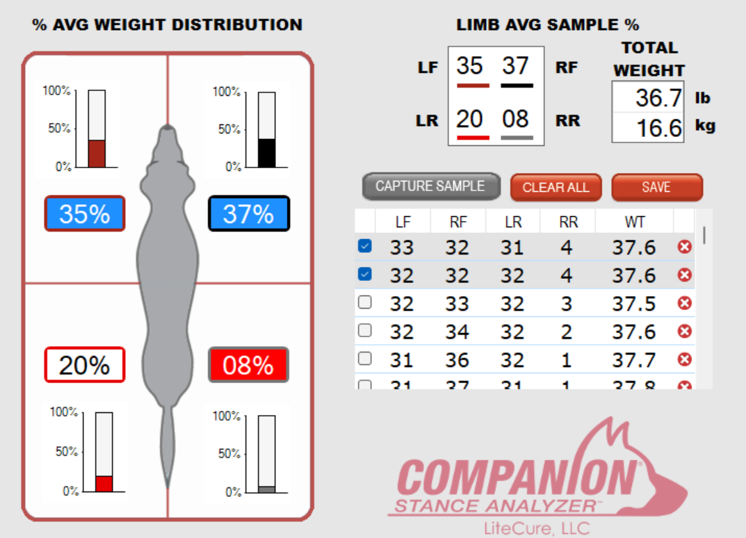 Le logiciel nous indique la répartition du poids et permet de voir si le chien soulage l’appui sur un ou plusieurs de ses membre