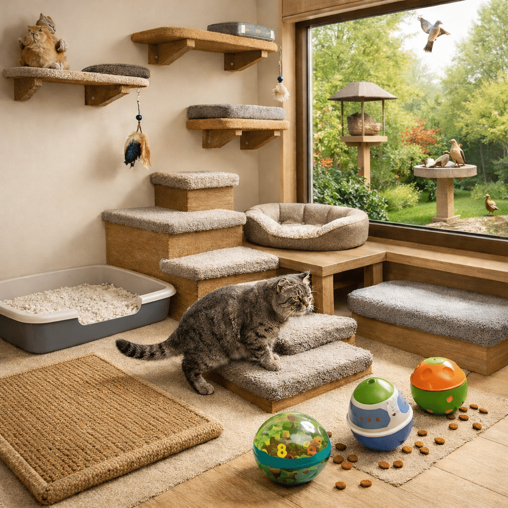 Les chats atteints d’arthrose bénéficient d’un aménagement adapté de leurs environnement : petites marches, plateformes accessibles, couchage confortable et litière à rebord bas. Ces ajustements simples contribuent à limiter la douleur et à préserver l’autonomie au quotidien.